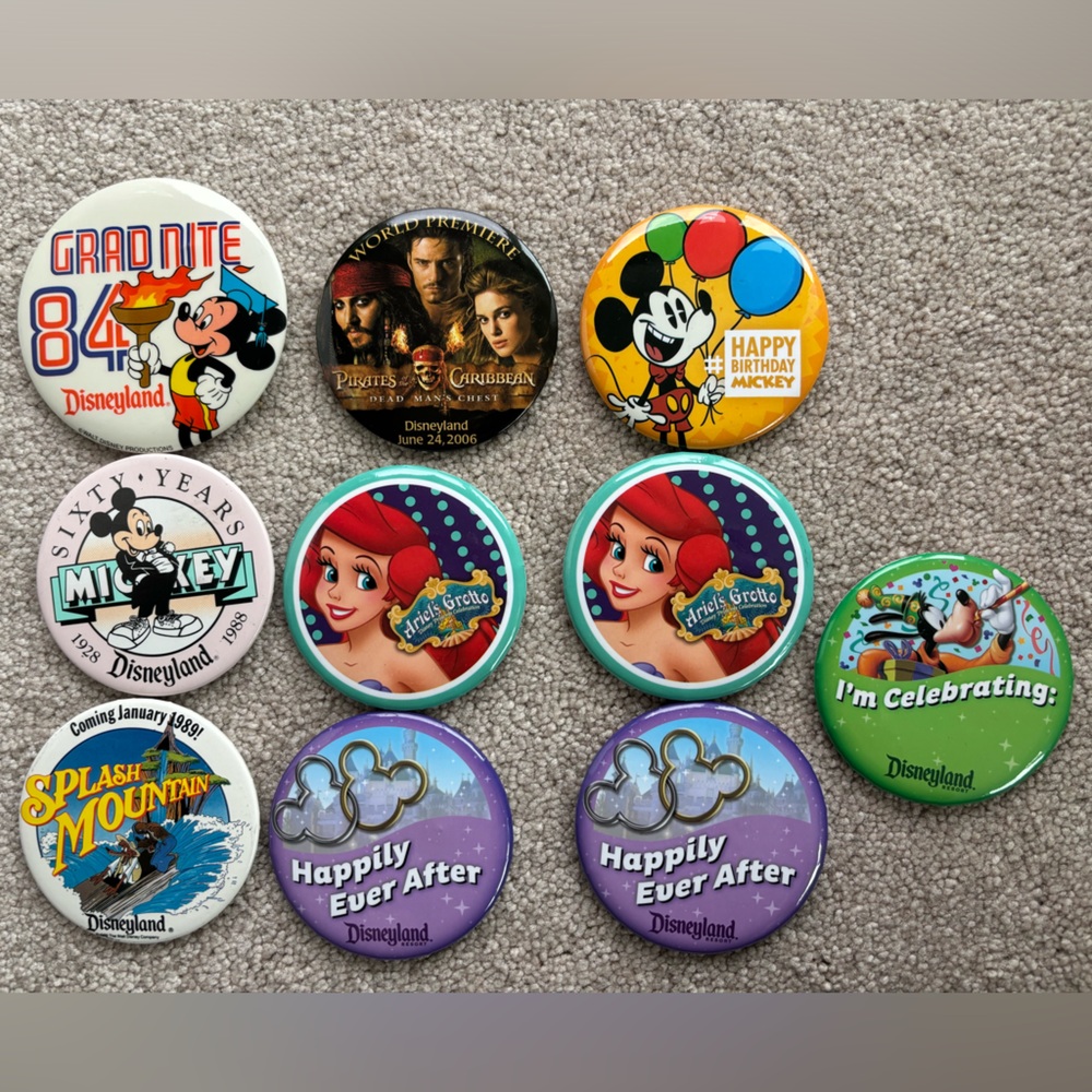 1984 1988 Disneyland buttons Mickey Splash Mountain Ariel's Grotto Grad & more